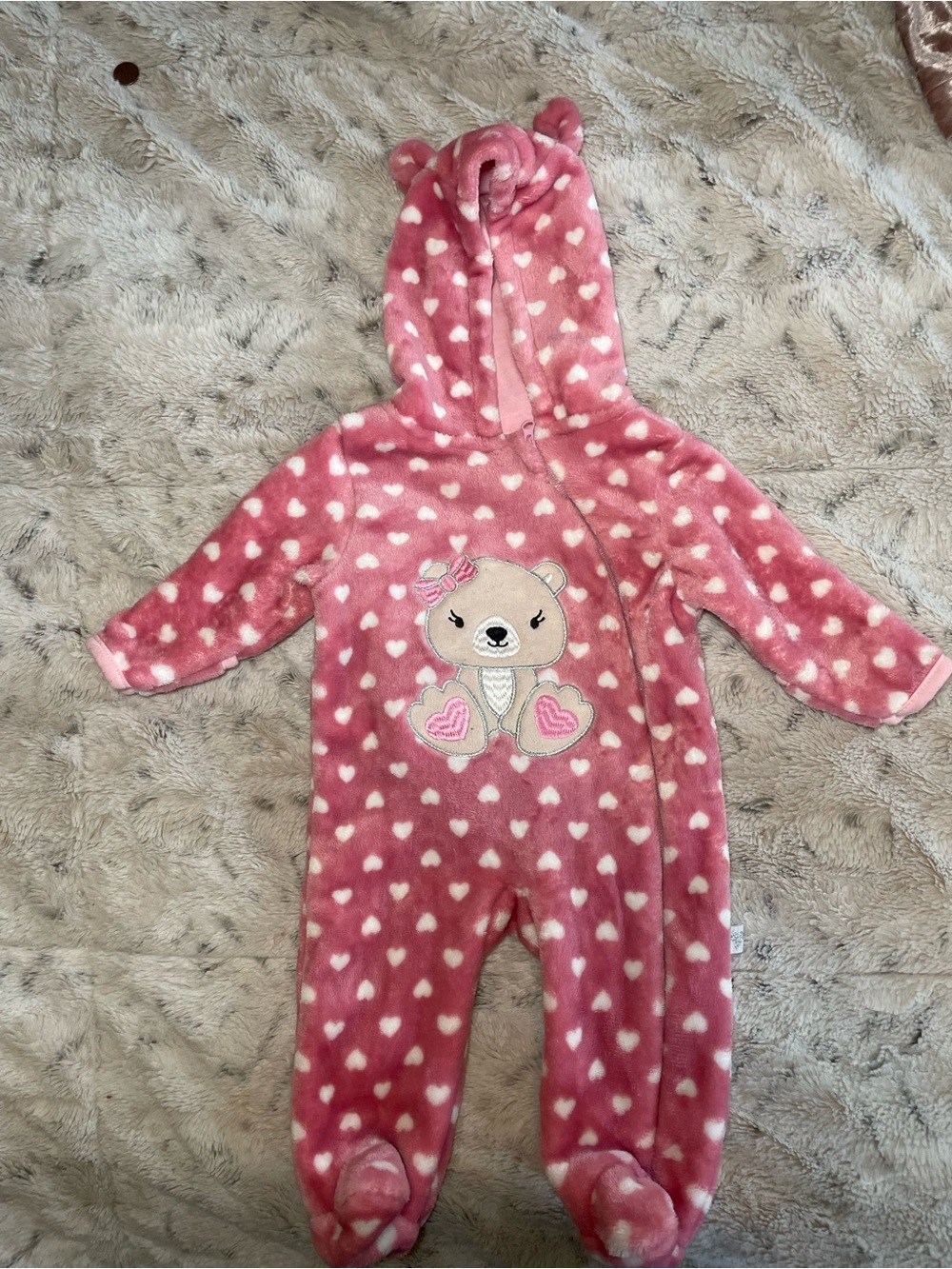 Pink Heart Plush Hooded Baby One-Piece with Bear Applique